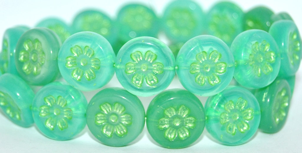 Round Flat With 6-Petal Flower Pressed Glass Beads, Opal Aqua Uran 43813 Metalic (61100-URAN-43813-METALIC), Glass, Czech Republic