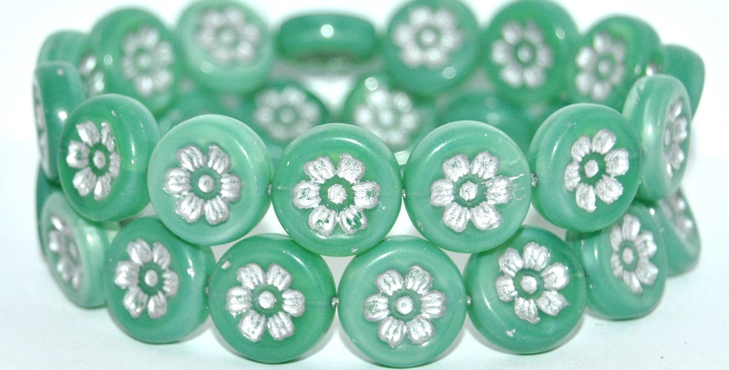 Round Flat With 6-Petal Flower Pressed Glass Beads, Opal Green Silver Lined (52020-54201), Glass, Czech Republic