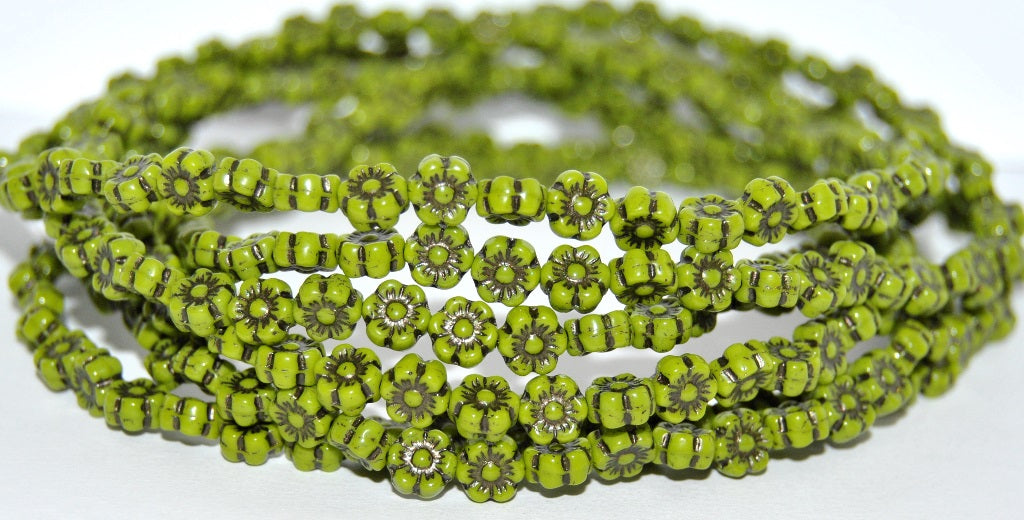 Hawaii Flower Pressed Glass Beads, Green 43816 Metalic (53420-43816-METALIC), Glass, Czech Republic