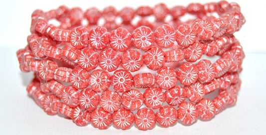 Hawaii Flower Pressed Glass Beads, Opaque Red 43819 Metalic White Silver (93200-43819-METALIC-WHITE-SILVER), Glass, Czech Republic