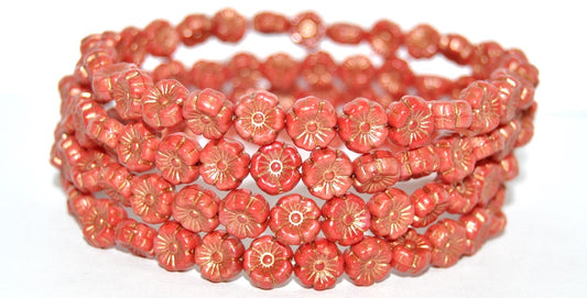 Hawaii Flower Pressed Glass Beads, Opaque Red Blue Lined (93200-54309), Glass, Czech Republic