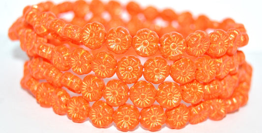 Hawaii Flower Pressed Glass Beads, Deep Orange  Yellow Lined Metalic (93140-43803-METALIC), Glass, Czech Republic