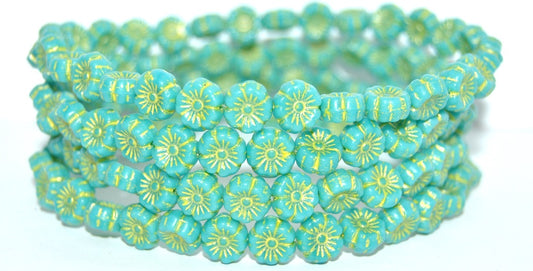 Hawaii Flower Pressed Glass Beads, Turquoise Yellow Lined (63130-46480), Glass, Czech Republic