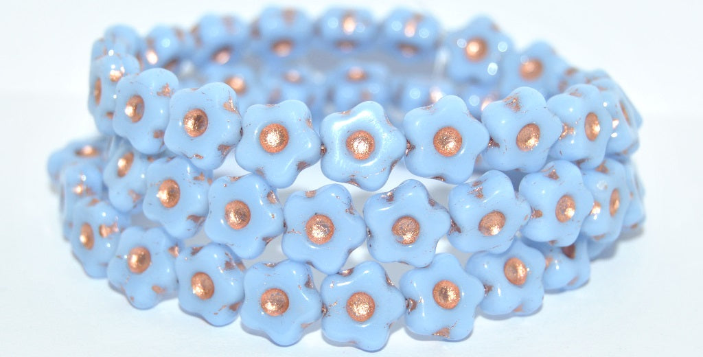 Simple Flower Pressed Glass Beads, Opaque Light Blue Copper Lined (33010-54200), Glass, Czech Republic