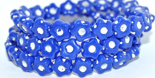 Simple Flower Pressed Glass Beads, Rich Blue White Lined (33060-46401), Glass, Czech Republic