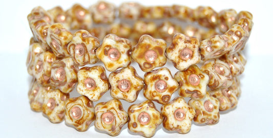 Simple Flower Pressed Glass Beads, White 86 Copper Lined (02010-86-54200), Glass, Czech Republic