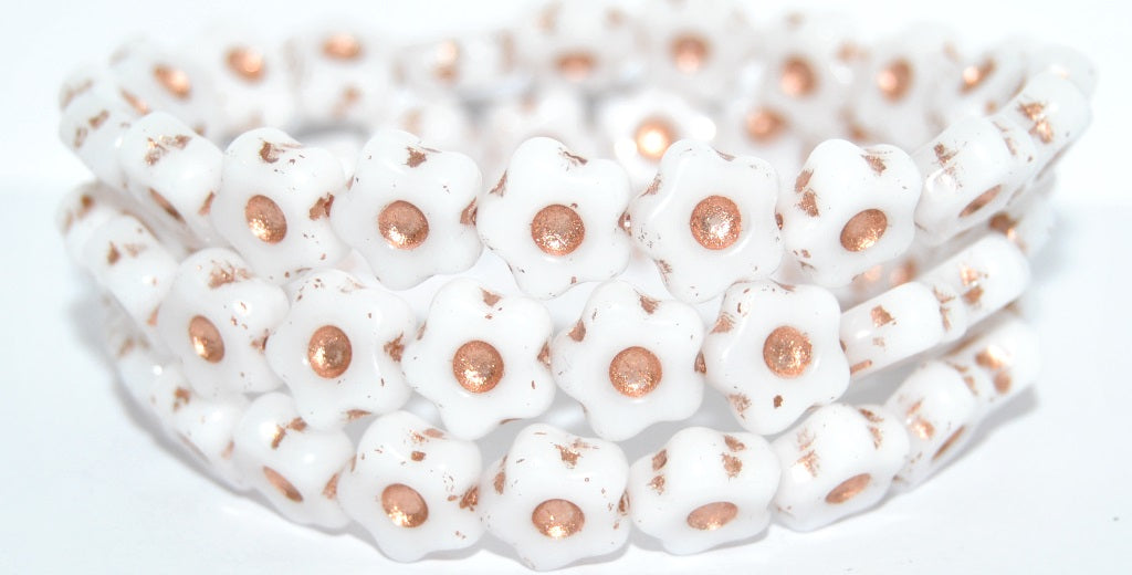 Simple Flower Pressed Glass Beads, White Copper Lined (02010-54200), Glass, Czech Republic