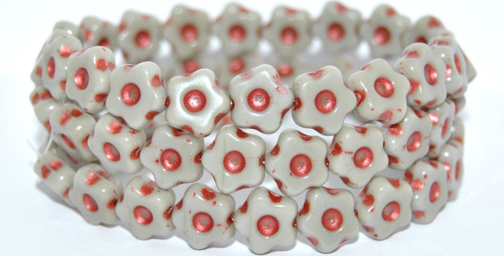 Simple Flower Pressed Glass Beads, Opaque Gray Copper Lined Metalic (43020-43806-METALIC), Glass, Czech Republic