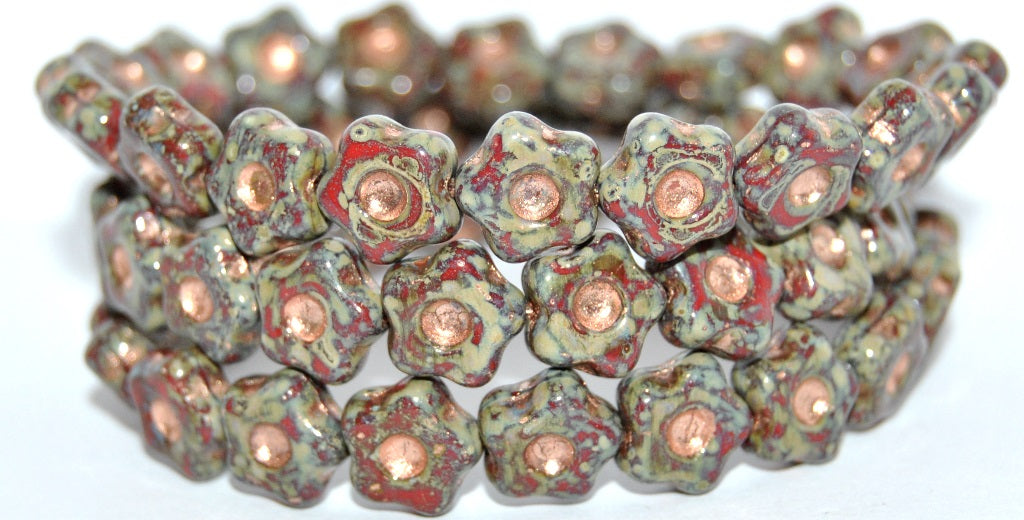 Simple Flower Pressed Glass Beads, Opaque Red 86 Copper Lined (93200-86-54200), Glass, Czech Republic