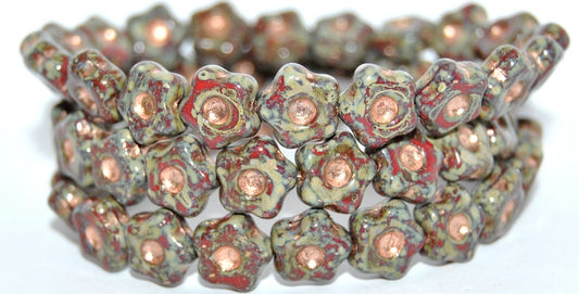 Simple Flower Pressed Glass Beads, Opaque Red 86 Copper Lined (93200-86-54200), Glass, Czech Republic