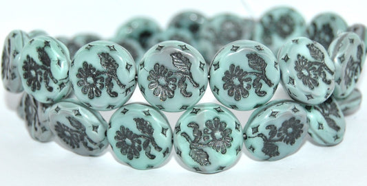 Round Flat With Flower Marguerite Pressed Glass Beads, Mix Gray Mint 43815 Metalic (47514-43815-METALIC), Glass, Czech Republic