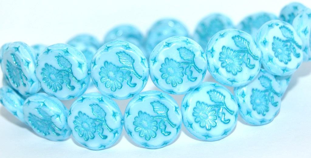 Round Flat With Flower Marguerite Pressed Glass Beads, 64010 Light Blue Lined Metalic (64010-43811-METALIC), Glass, Czech Republic
