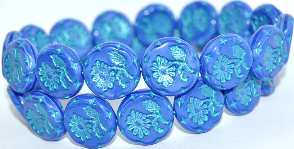 Round Flat With Flower Marguerite Pressed Glass Beads, Blue With Rainbow Plated Light Blue Lined Metalic (34020-43811-METALIC), Glass, Czech Republic