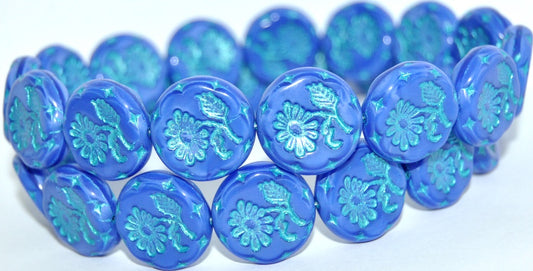 Round Flat With Flower Marguerite Pressed Glass Beads, Blue With Rainbow Plated Light Blue Lined Metalic (34020-43811-METALIC), Glass, Czech Republic