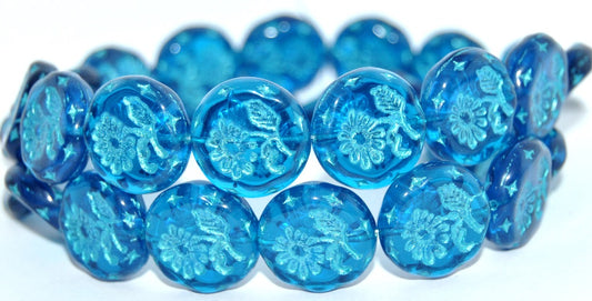 Round Flat With Flower Marguerite Pressed Glass Beads, Transparent Aqua Light Blue Lined Metalic (60050-43811-METALIC), Glass, Czech Republic