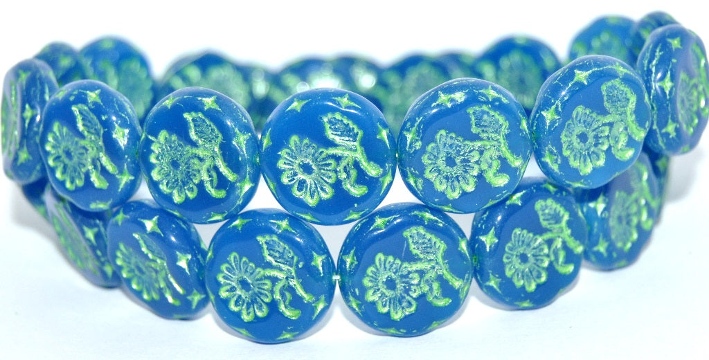 Round Flat With Flower Marguerite Pressed Glass Beads, Blue 43813 Metalic (62010-43813-METALIC), Glass, Czech Republic