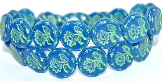 Round Flat With Flower Marguerite Pressed Glass Beads, Blue 43813 Metalic (62010-43813-METALIC), Glass, Czech Republic