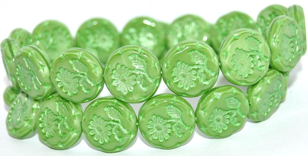Round Flat With Flower Marguerite Pressed Glass Beads, Opaque Green 43813 Metalic (54010-43813-METALIC), Glass, Czech Republic