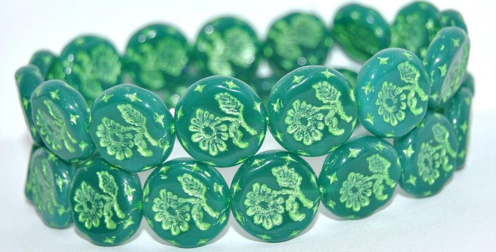 Round Flat With Flower Marguerite Pressed Glass Beads, Opal Emerald 43813 Metalic (52050-43813-METALIC), Glass, Czech Republic