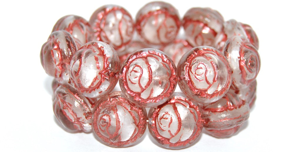 Round With Rose Flower Pressed Glass Beads, Mix Crystal Lavender Copper Lined Metalic (06208-43806-METALIC), Glass, Czech Republic