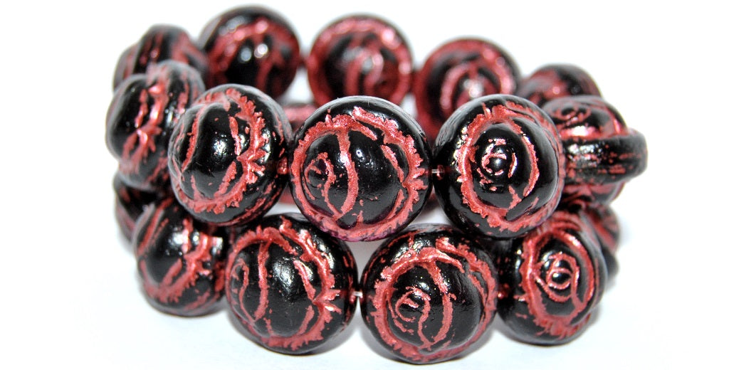 Round With Rose Flower Pressed Glass Beads, Black 4380 Metalic (23980-4380-METALIC), Glass, Czech Republic