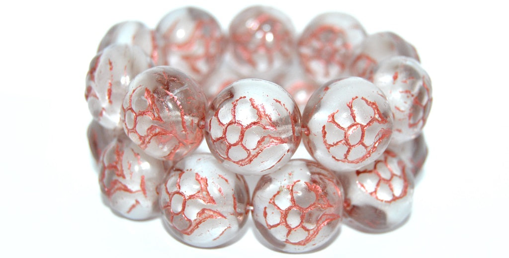 Round With Flower Pressed Glass Beads, Mix Crystal Lavender Copper Lined Metalic (06208-43806-METALIC), Glass, Czech Republic