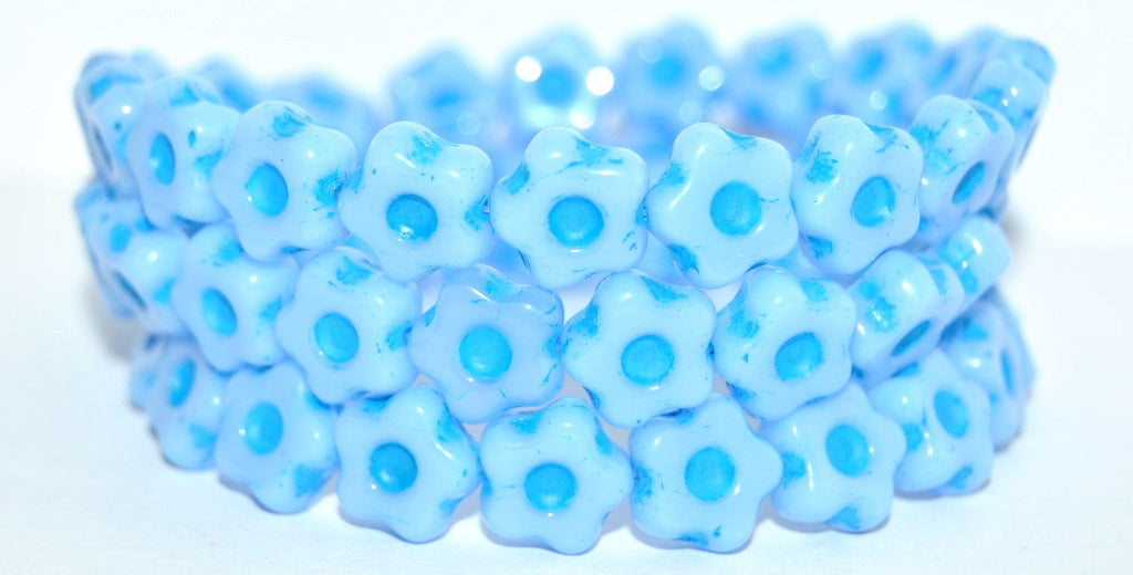 Simple Flower Pressed Glass Beads, Opaque Light Blue Light Blue Lined (33010-46460), Glass, Czech Republic