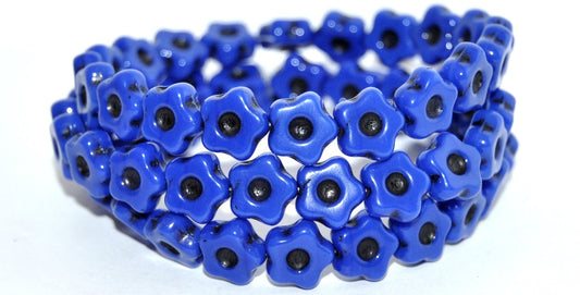 Simple Flower Pressed Glass Beads, Rich Blue Black Lined (33060-46769), Glass, Czech Republic