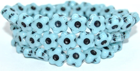 Simple Flower Pressed Glass Beads, Opaque Light Blue Black Lined (33010-46769), Glass, Czech Republic