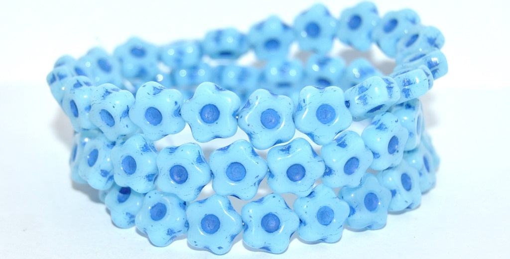 Simple Flower Pressed Glass Beads, Opaque Light Blue Blue Lined (33010-46430), Glass, Czech Republic