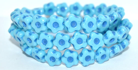 Simple Flower Pressed Glass Beads, Turquoise Blue Blue Lined (63030-46430), Glass, Czech Republic