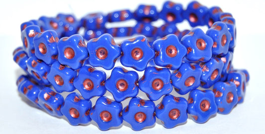 Simple Flower Pressed Glass Beads, Rich Blue Copper Lined Metalic (33060-43806-METALIC), Glass, Czech Republic