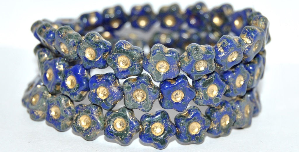 Simple Flower Pressed Glass Beads, Rich Blue 86 Gold Lined (33060-86-54202), Glass, Czech Republic