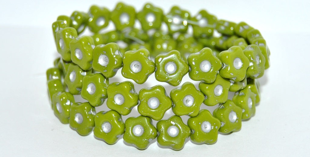 Simple Flower Pressed Glass Beads, Opaque Green Silver Lined (53400-54201), Glass, Czech Republic