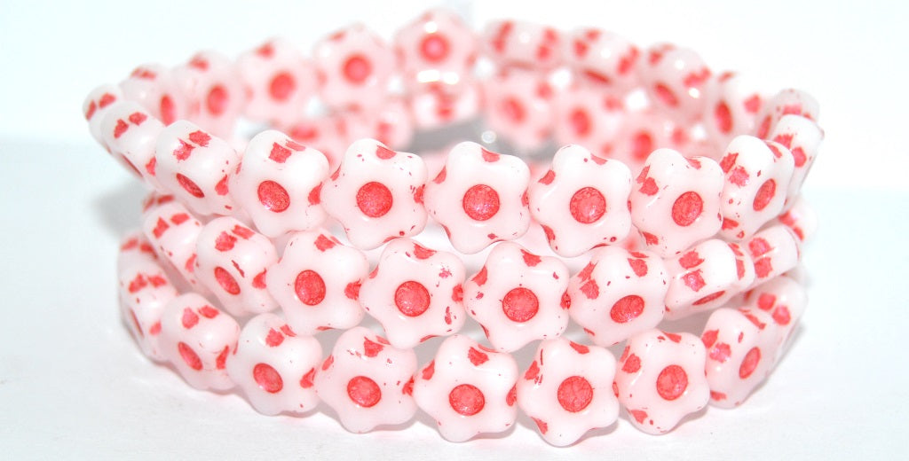 Simple Flower Pressed Glass Beads, White Red Lined Metalic (02010-43808-METALIC), Glass, Czech Republic