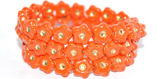 Simple Flower Pressed Glass Beads, Deep Orange  Gold Lined (93140-54202), Glass, Czech Republic