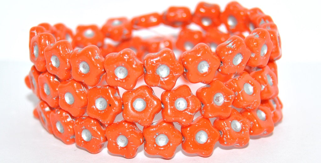 Simple Flower Pressed Glass Beads, Deep Orange  Silver Lined (93140-54201), Glass, Czech Republic