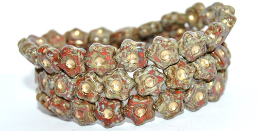Simple Flower Pressed Glass Beads, Opaque Red 86 Gold Lined (93200-86-54202), Glass, Czech Republic