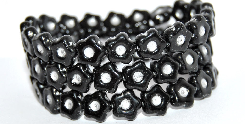 Simple Flower Pressed Glass Beads, Black Silver Lined (23980-54201), Glass, Czech Republic