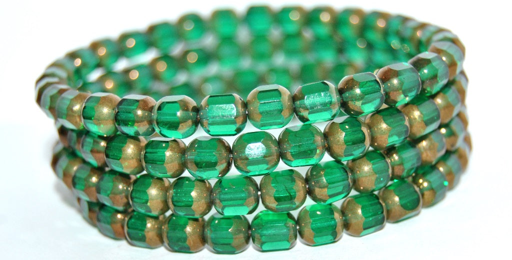 6-Cut Fire Polished Faceted Glass Beads, Transparent Green Emerald Bronze (50150-14415), Glass, Czech Republic