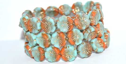 Hawaii Flower Pressed Glass Beads, Turquoise Gold Lined (631308126-54202), Glass, Czech Republic