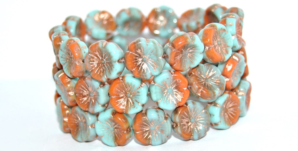 Hawaii Flower Pressed Glass Beads, Turquoise Copper Lined (631308126-54200), Glass, Czech Republic