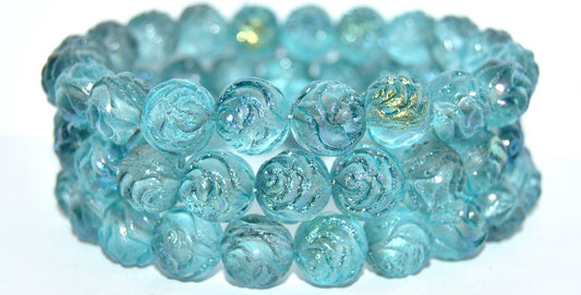 Round Rose Pressed Glass Beads, Blue Cold Ab (BLUE-COLD-AB), Glass, Czech Republic