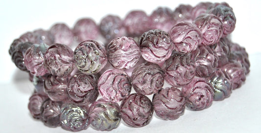 Round Rose Pressed Glass Beads, Purple Cold Ab (PURPLE-COLD-AB), Glass, Czech Republic