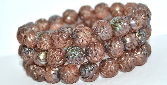 Round Rose Pressed Glass Beads, Antiq Copper Cold Ab (ANTIQ-COPPER-COLD-AB), Glass, Czech Republic