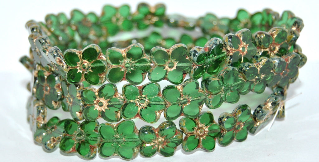Table Cut Flower Beads Linum, Transparent Green 86 Gold Lined (50130-86-54202), Glass, Czech Republic