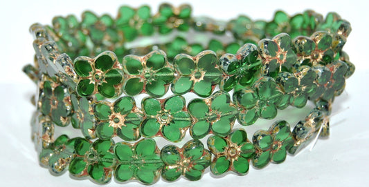 Table Cut Flower Beads Linum, Transparent Green 86 Gold Lined (50130-86-54202), Glass, Czech Republic