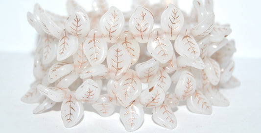 Ovate Leaf Pressed Glass Beads, Opal White Copper Lined (01000-54200), Glass, Czech Republic