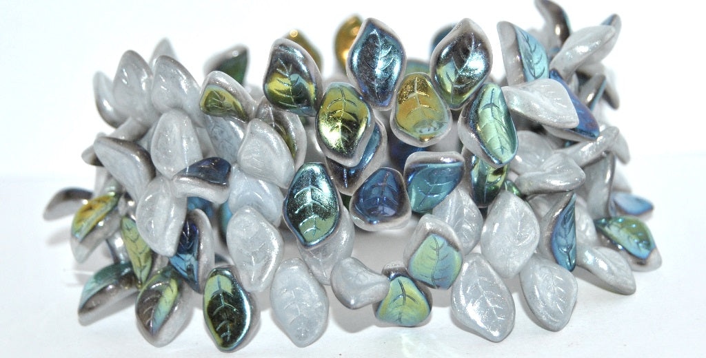 Ovate Leaf Pressed Glass Beads, White 34301 Cold Ab (02010-34301-COLD-AB), Glass, Czech Republic
