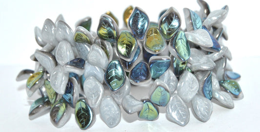 Ovate Leaf Pressed Glass Beads, White 34301 Cold Ab (02010-34301-COLD-AB), Glass, Czech Republic